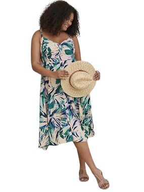Torrid Midi Challis Button-Front Dress Palm Leaves Sleeveless Smocked Size 2X